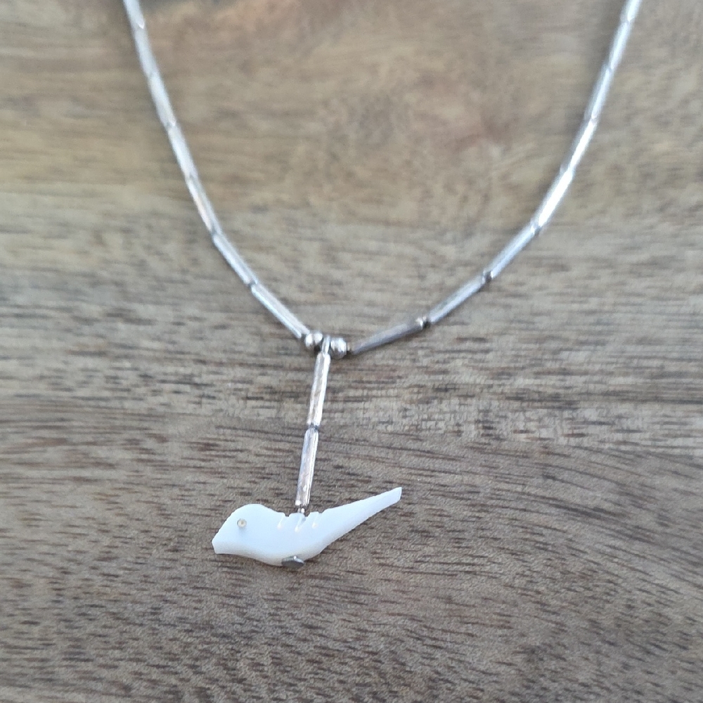 VINTAGE STERLING SILVER BEADED MOTHER OF PEARL BIRD NECKLACE